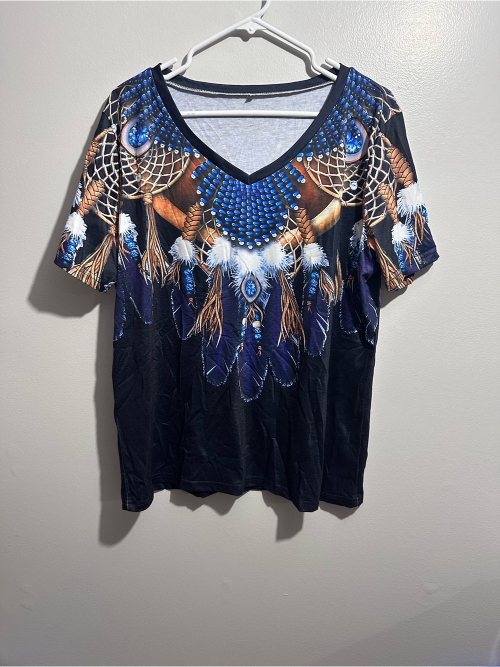 V-Neck Dreamcatcher Print Short Sleeve Top Blue Black Size 3XL (1501)